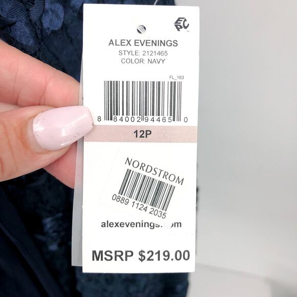 ALEX EVENINGS Tea-Length Soutache Dress 12 PETITE Navy Blue Tie Belt NWT - Picture 7 of 10